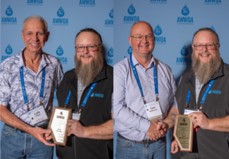 Lyle Clarke (Left) and Carl McDonnell (Right), Steve Blonsky Honorary Life Membership Award Recipients, Presented by AWWOA Chair, Chris Huston